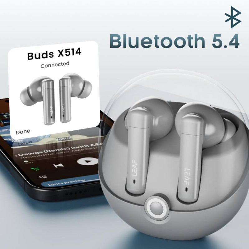 Leaf Buds X514 True Wireless ANC in Ear Earbuds with AI Sound App,Active Noise Cancellation,Transparency Mode,70H Playtime,Quad Mic Enc,40Ms Low Latency,13Mm Driver, Ipx5, Bluetooth V5.4(Ash Grey)