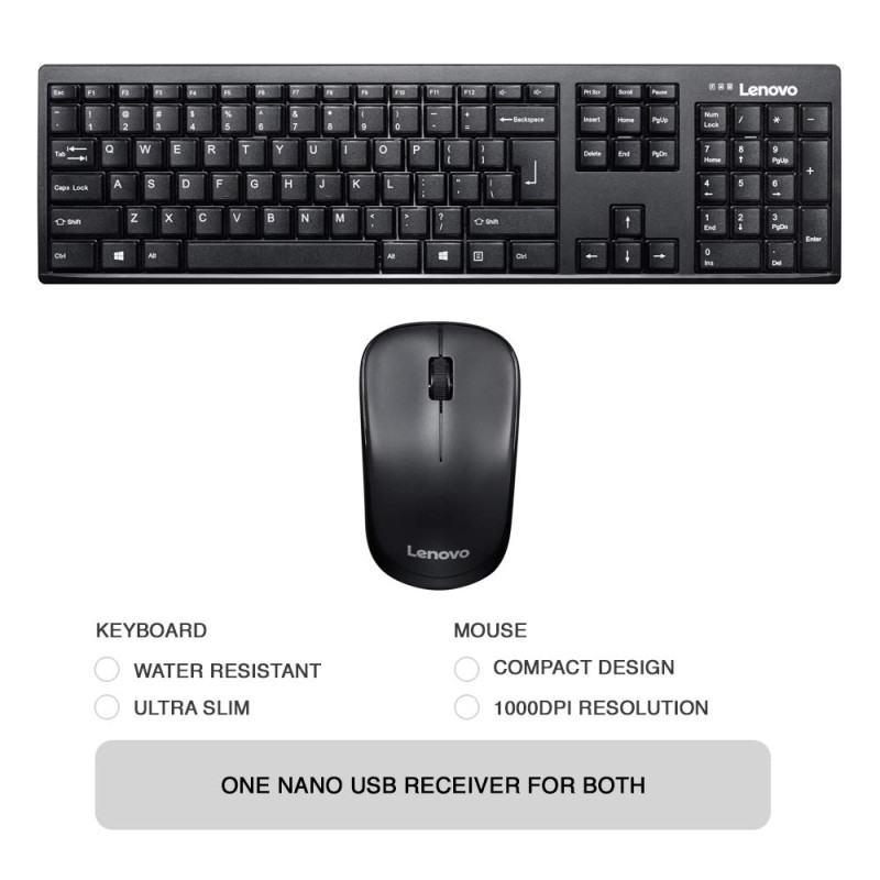 Lenovo 100 Wireless Keyboard and Mouse Set, Ambidextrous 1000 DPI Mouse Optical Sensor GX30L66303