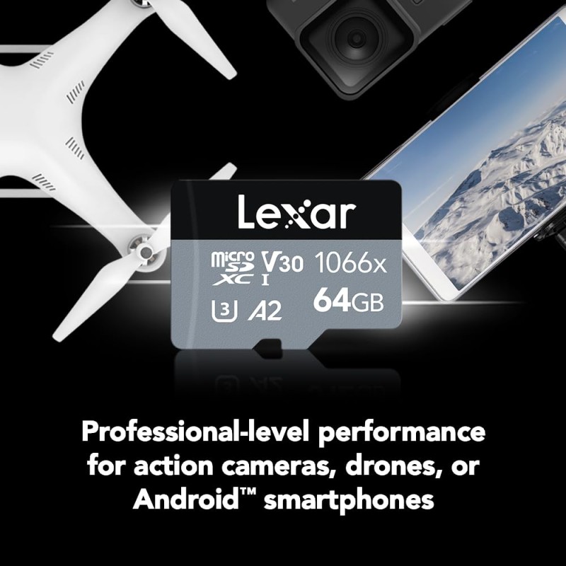 Lexar Professional - Tarjeta microSDXC UHS-I (1066 x 64 GB, Adaptador SD, Serie Plata, hasta 160 MB/s (LMS1066064G-BNANU)