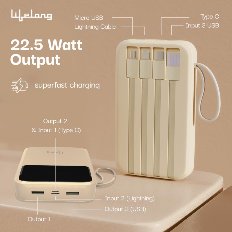 Lifelong Electronics 10000mAh 22.5W Fast Charging Power Bank | 3 Inputs Small Pocket Size Powerbank