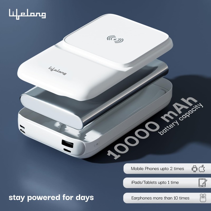 Lifelong Electronics 10000mAh MagSafe Wireless Fast Charging Power Bank | Slim & Compact | For iPhone & All Wireless Enabled Phone | Type C & Lightning Input | 3 In-built Cables| 15W Wireless | QC 3.0