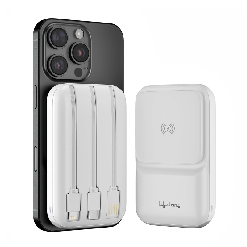 Lifelong Electronics 10000mAh MagSafe Wireless Fast Charging Power Bank | Slim & Compact | For iPhone & All Wireless Enabled Phone | Type C & Lightning Input | 3 In-built Cables| 15W Wireless | QC 3.0