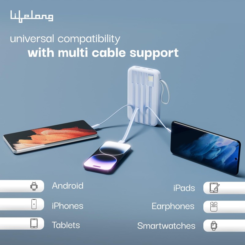 Lifelong Electronics 20000mAh 22.5W Fast Charging Power Bank | 3 Inputs (1 Built-in USB A Cable , Small Pocket Size Powerbank.