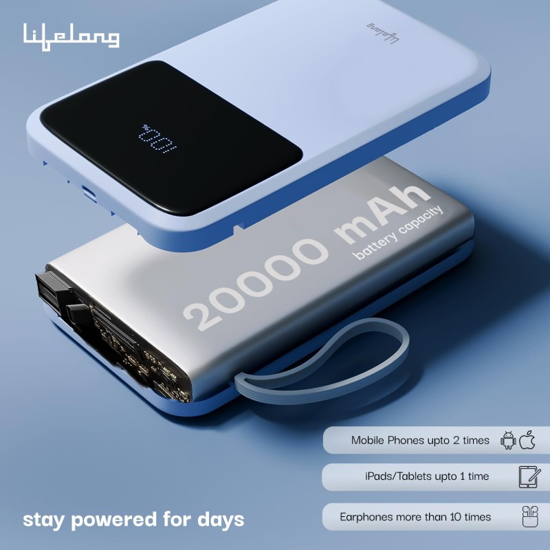 Lifelong Electronics 20000mAh 22.5W Fast Charging Power Bank | 3 Inputs (1 Built-in USB A Cable , Small Pocket Size Powerbank.