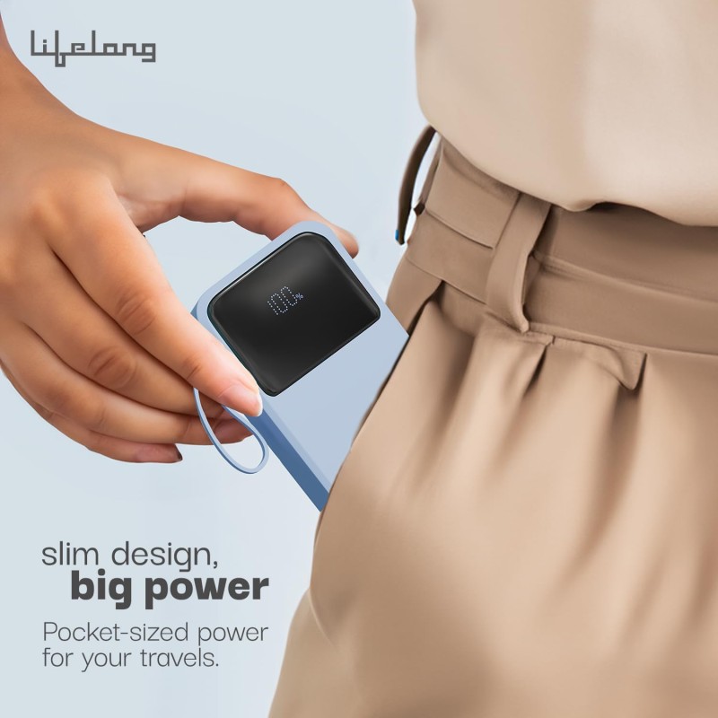Lifelong Electronics 20000mAh 22.5W Fast Charging Power Bank | 3 Inputs (1 Built-in USB A Cable , Small Pocket Size Powerbank.