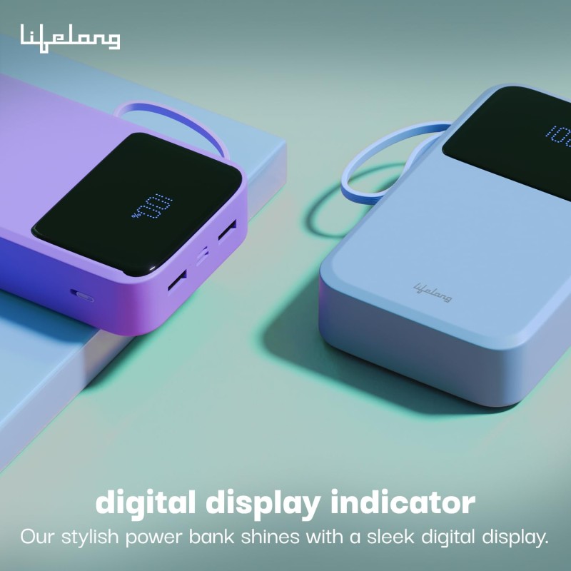 Lifelong Electronics 20000mAh 22.5W Fast Charging Power Bank | 3 Inputs (1 Built-in USB A Cable , Small Pocket Size Powerbank.