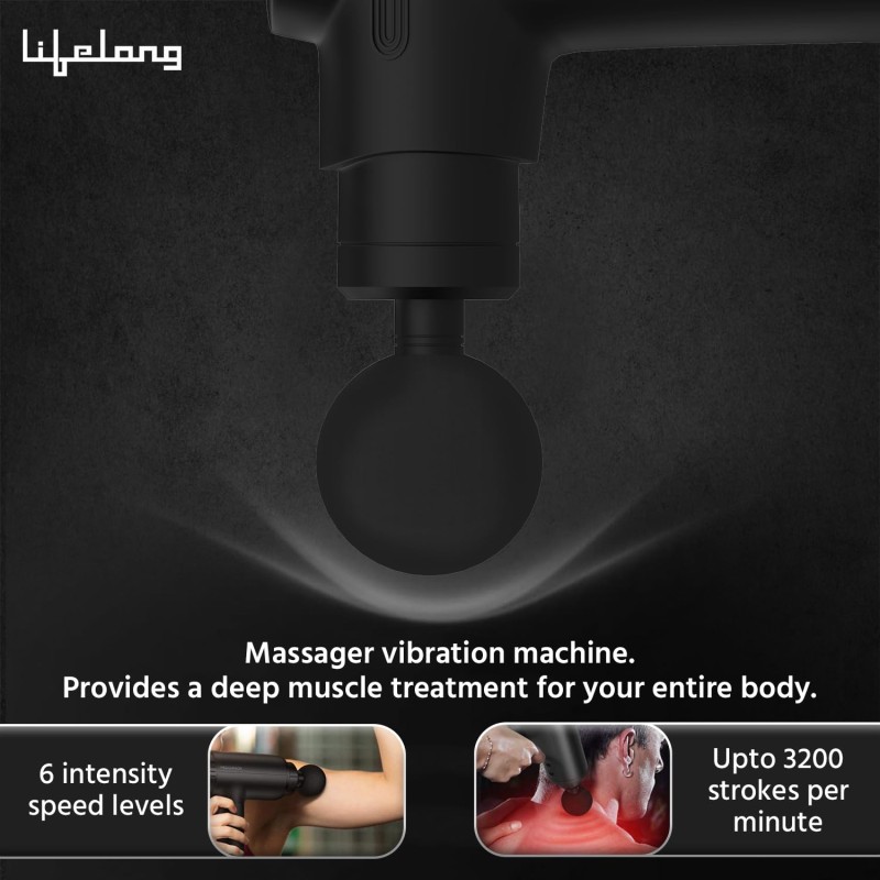 Lifelong LLGM109 Percussion Massage Gun for Pain Relief, Deep Tissue, 6 Speeds & 7 Massage Heads, Cordless, Quiet Operation for Neck, Shoulders, Back, Arms, Legs & Feet (Black)