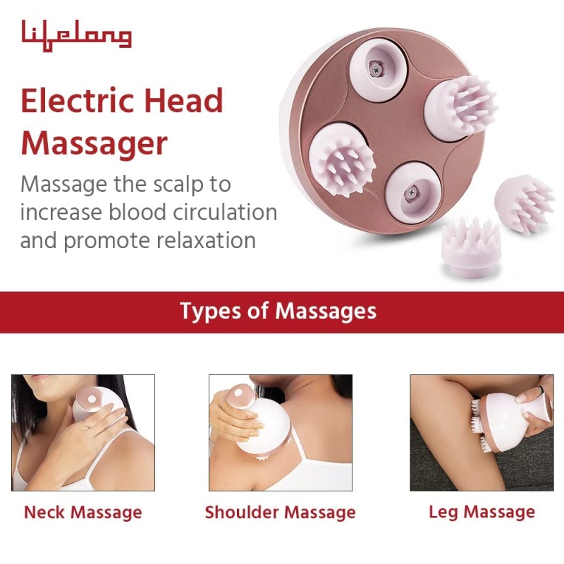 Lifelong LLM225 Rechargeable Head, Scalp Full Body Pain Relief Massager, Electric Head Kneading Massager,4 Speed Modes,Handheld Portable Head Scratcher for Hair Growth,Deep Clean & Relaxation,Brown