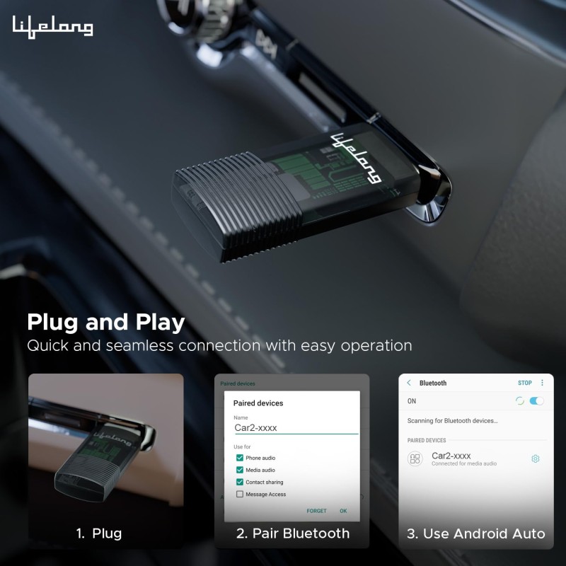 Lifelong Wireless Android Auto Adapter | Compatible with Android | Dongle Connector for Car | Converts Wired to Wireless (LLECA20)