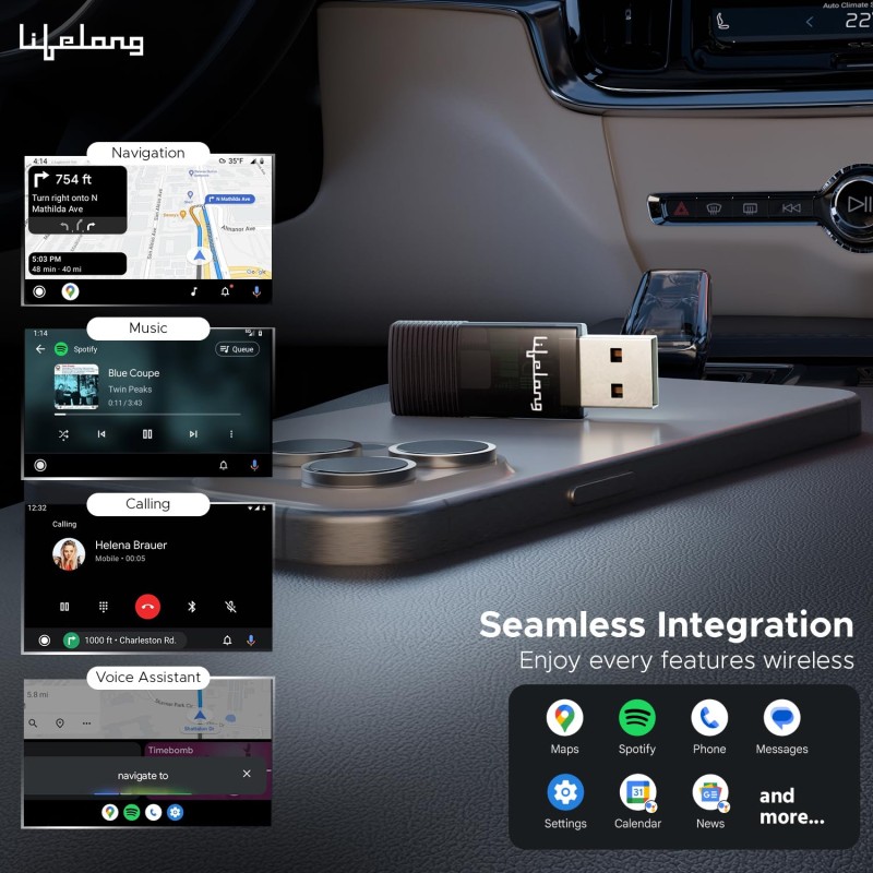 Lifelong Wireless Android Auto Adapter | Compatible with Android | Dongle Connector for Car | Converts Wired to Wireless (LLECA20)