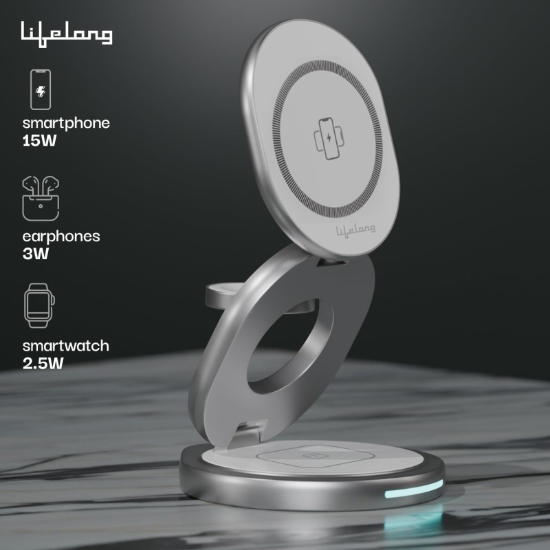 Lifelong Zerocord Wireless Charger 23 W 3 in 1 Foldable Magsafe Charger for iPhone 15/14/13/12 Series, Apple Airpods, Apple Watch, Fast Charging, 3 Outputs, Led Indicator, Silver