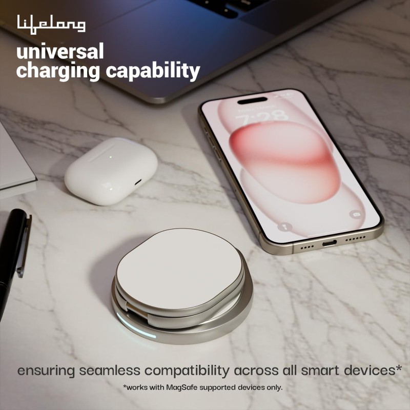 Lifelong Zerocord Wireless Charger 23 W 3 in 1 Foldable Magsafe Charger for iPhone 15/14/13/12 Series, Apple Airpods, Apple Watch, Fast Charging, 3 Outputs, Led Indicator, Silver