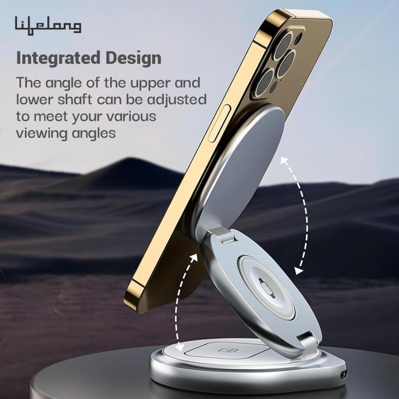 Lifelong Zerocord Wireless Charger 23 W 3 in 1 Foldable Magsafe Charger for iPhone 15/14/13/12 Series, Apple Airpods, Apple Watch, Fast Charging, 3 Outputs, Led Indicator, Silver
