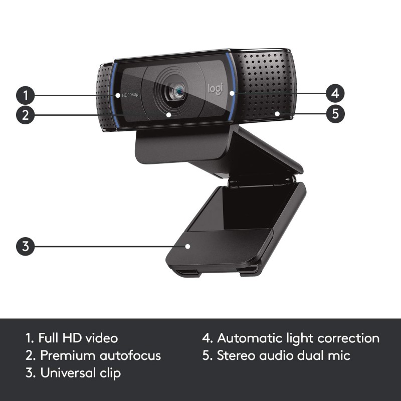 Logitech C920 HD Pro Webcam - 1080p, Optical, Full HD Streaming Camera for Widescreen Video Calling - Black