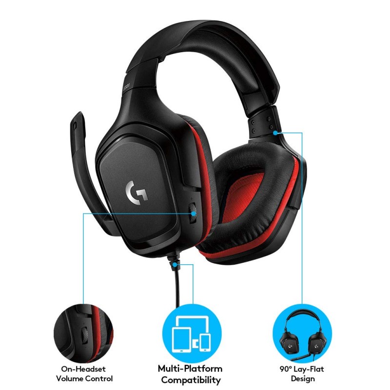 Logitech G331 Wired Over Ear Gaming Headphones, 50 mm Audio Drivers, Rotating Leatherette Ear Cups, 3.5 mm Audio Jack, with mic, Lightweight for PC, Mac, Xbox One, PS4, Nintendo Switch - Black/Red