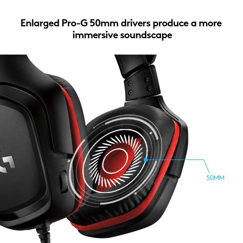 Logitech G331 Wired Over Ear Gaming Headphones, 50 mm Audio Drivers, Rotating Leatherette Ear Cups, 3.5 mm Audio Jack, with mic, Lightweight for PC, Mac, Xbox One, PS4, Nintendo Switch - Black/Red