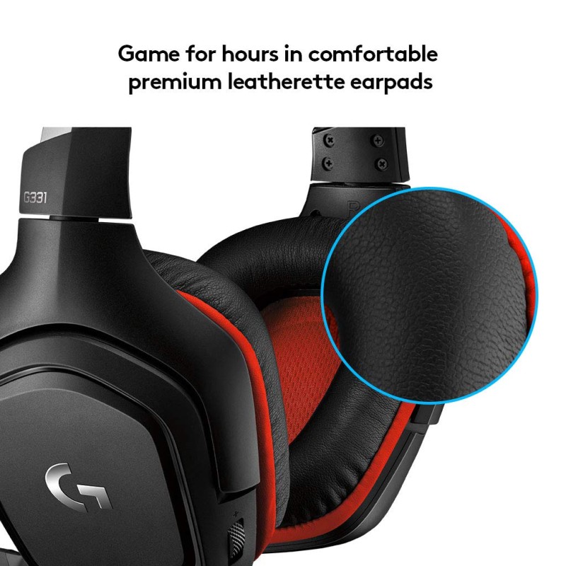 Logitech G331 Wired Over Ear Gaming Headphones, 50 mm Audio Drivers, Rotating Leatherette Ear Cups, 3.5 mm Audio Jack, with mic, Lightweight for PC, Mac, Xbox One, PS4, Nintendo Switch - Black/Red
