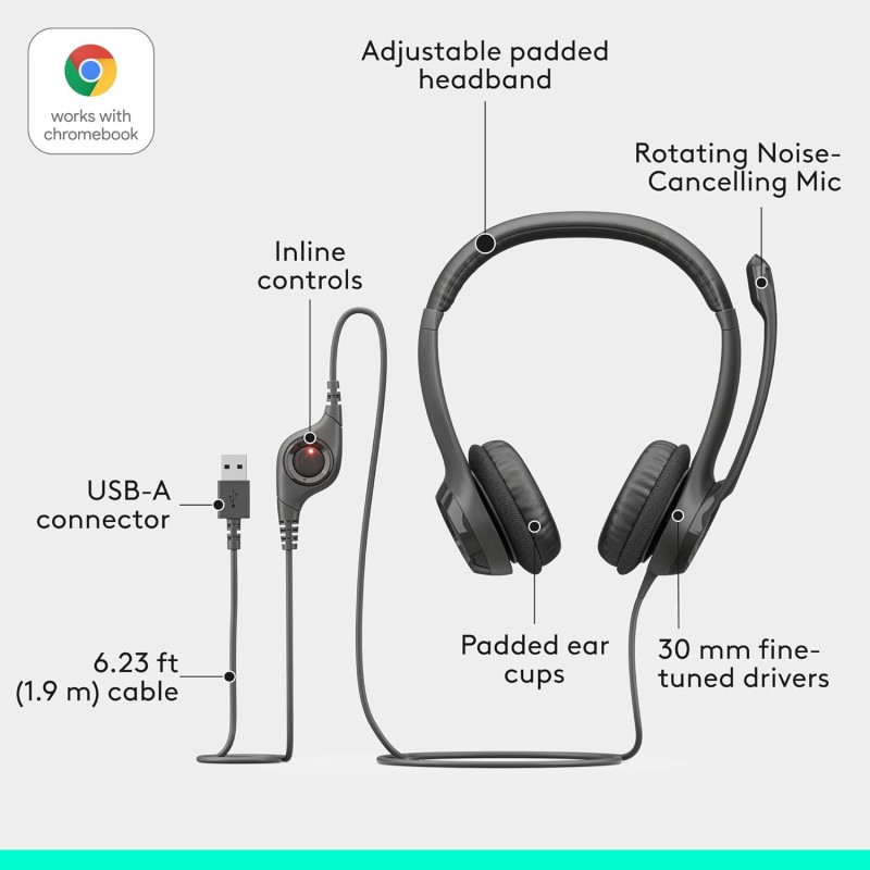 Logitech H390 Wired Headset for PC/Laptop, Stereo Headphones with Noise Cancelling Microphone - Graphite