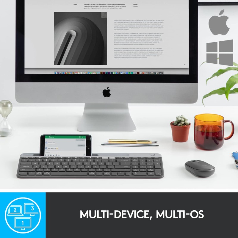 Logitech K580 Slim Multi-Device Wireless Keyboard – Bluetooth/Receiver, Compact, Easy Switch - Graphite