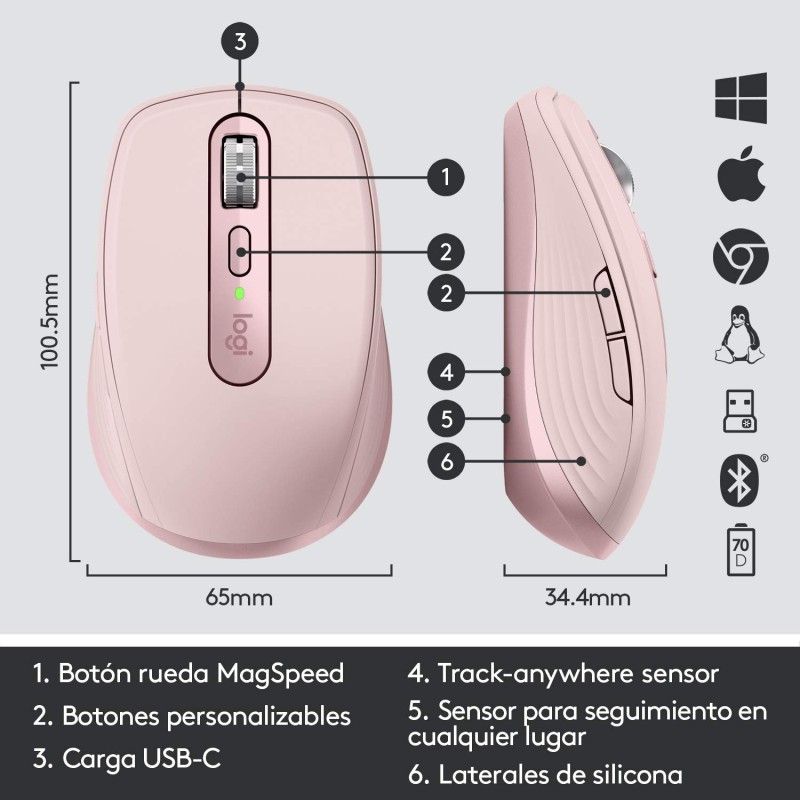 Logitech MX Anywhere 3 Compact Performance Mouse – Wireless, Magnetic Scrolling, Ergonomic, 4000DPI Sensor, Custom Buttons, USB-C, Bluetooth Chrome - Rose