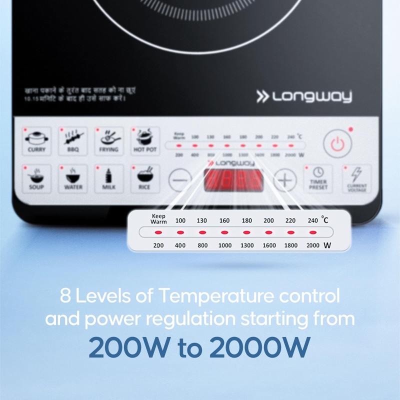Longway Cookpro IC 2000 Watt Induction Cooktop with Auto Shut-Off & Over-Heat Protection With 8 Cooking Mode & BIS Approved (Black, Push Button)
