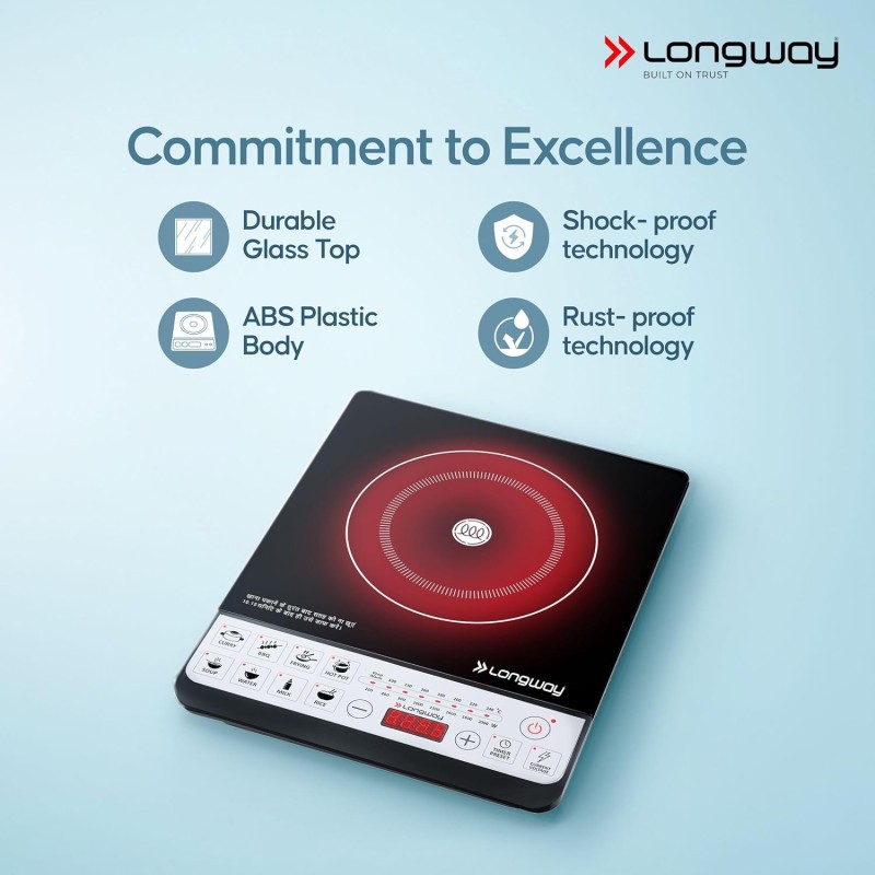 Longway Cruiser IC 2000 Watt Induction Cooktop with Auto Shut-Off & Over-Heat Protection With 8 Cooking Mode & BIS Approved (Black)