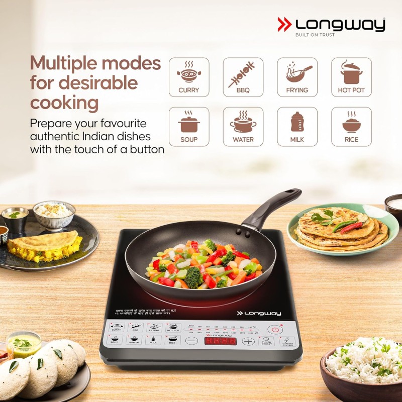 Longway Cruiser IC 2000 Watt Induction Cooktop with Auto Shut-Off & Over-Heat Protection With 8 Cooking Mode & BIS Approved (Black)