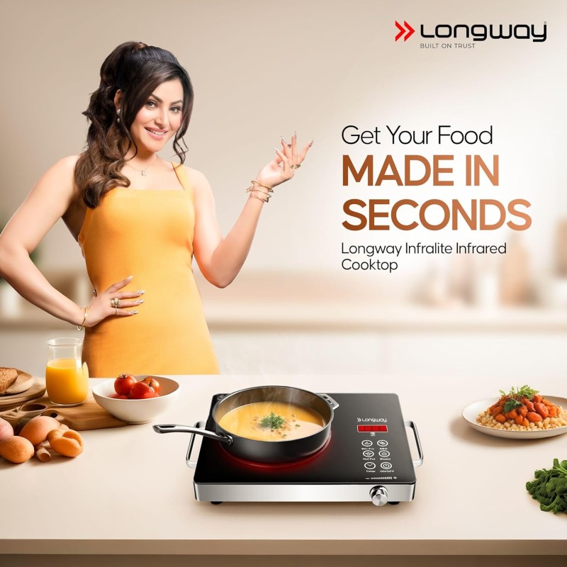 Longway Infralite Pro 2200W Infrared Induction Cooktop with Steel Grill Rack, Crystal Glass Top, Touch Panel & Digital Display Black