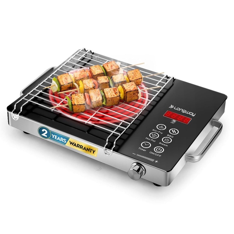 Longway Infralite Pro 2200W Infrared Induction Cooktop with Steel Grill Rack, Crystal Glass Top, Touch Panel & Digital Display Black