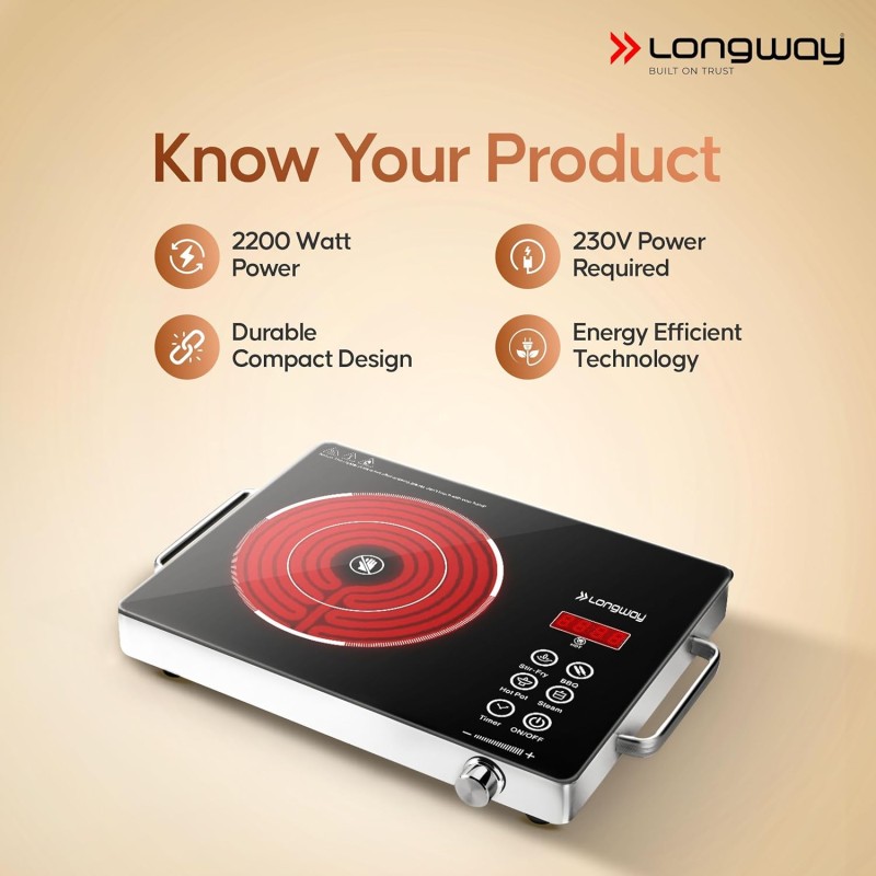 Longway Infralite Pro ICT 2200 W Infrared Cooktop with Free Stainless Steel Grill | Auto Shut Off & Overheat Protection (Black, Touch Control)