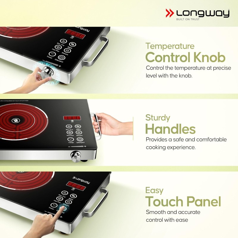 Longway Infralite Pro ICT 2200 W Infrared Cooktop with Free Stainless Steel Grill | Auto Shut Off & Overheat Protection (Black, Touch Control)