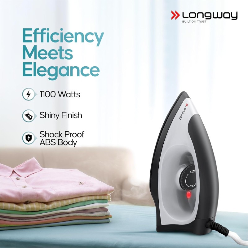 Longway Kwid Light Weight Non-Stick Teflon Coated Dry Iron, Electric Iron for Clothes (1100 Watt, Black)