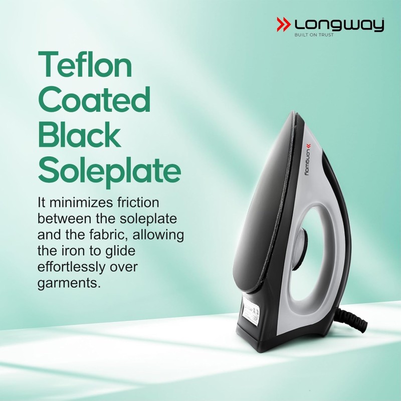 Longway Kwid Light Weight Non-Stick Teflon Coated Dry Iron, Electric Iron for Clothes (1100 Watt, Black)