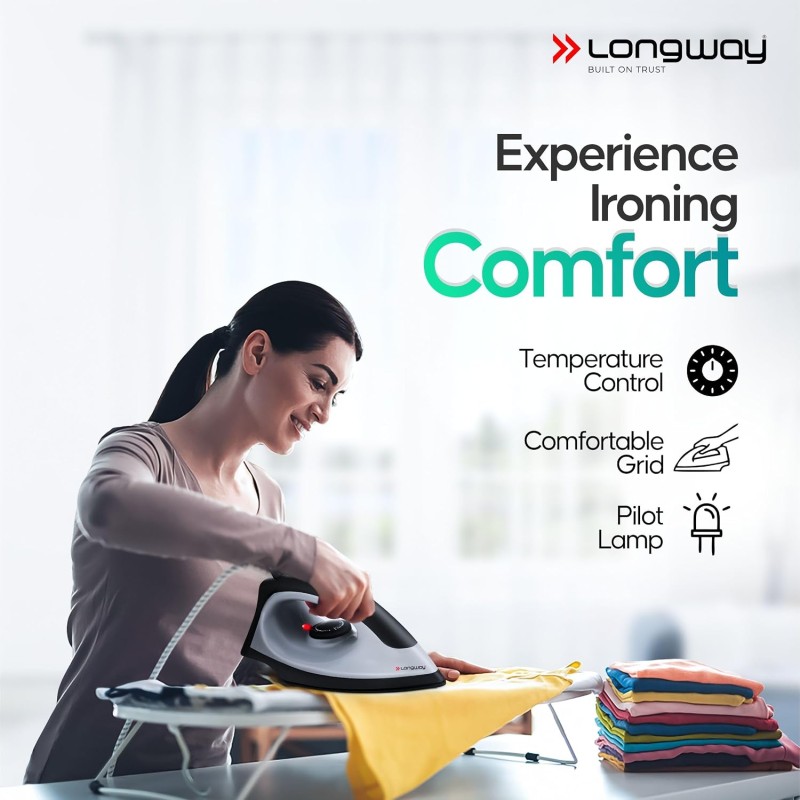 Longway Kwid Light Weight Non-Stick Teflon Coated Dry Iron, Electric Iron for Clothes (1100 Watt, Black)