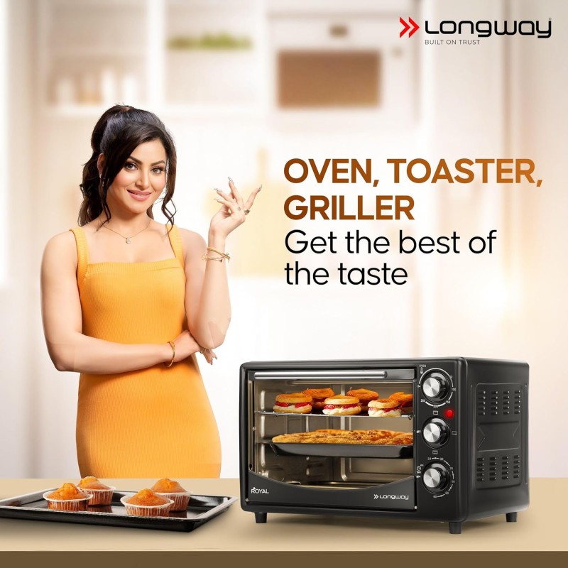 Longway Royal OTG 25 Ltr Oven Toaster Griller with Heating Modes | Temperature Timer Control for Baking Pizza (1500 W, Black)