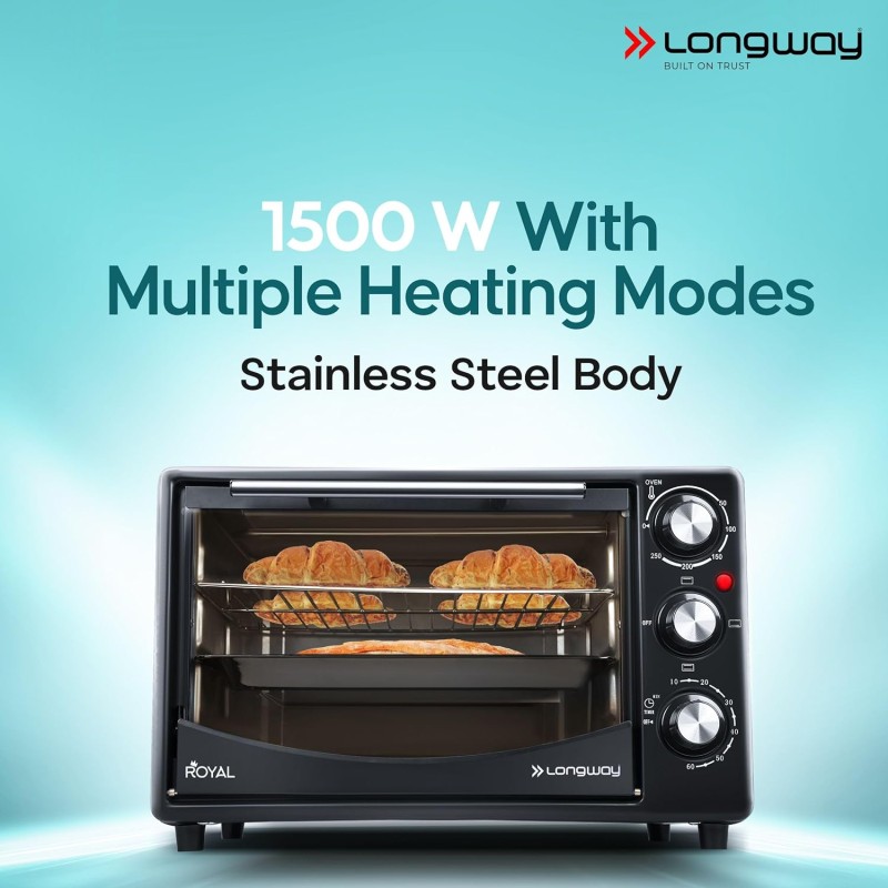 Longway Royal OTG 25 Ltr Oven Toaster Griller with Heating Modes | Temperature Timer Control for Baking Pizza (1500 W, Black)