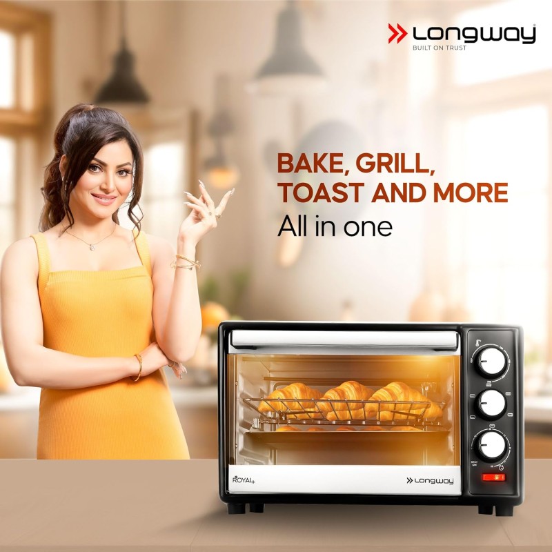 Longway Royal Plus OTG 28L Oven Toaster Griller with Illuminated Chamber, 360 °Motorized Rotisserie with Multiple Heating , (Silver)
