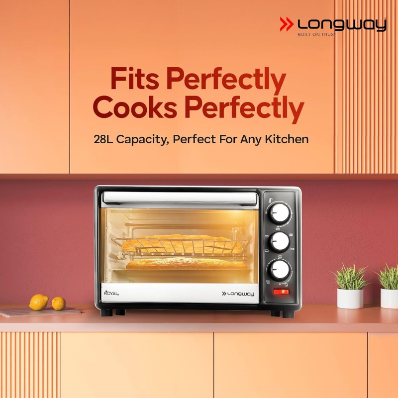 Longway Royal Plus OTG 28L Oven Toaster Griller with Illuminated Chamber, 360 °Motorized Rotisserie with Multiple Heating , (Silver)