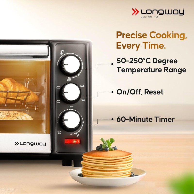 Longway Royal Plus OTG 28L Oven Toaster Griller with Illuminated Chamber, 360 °Motorized Rotisserie with Multiple Heating , (Silver)