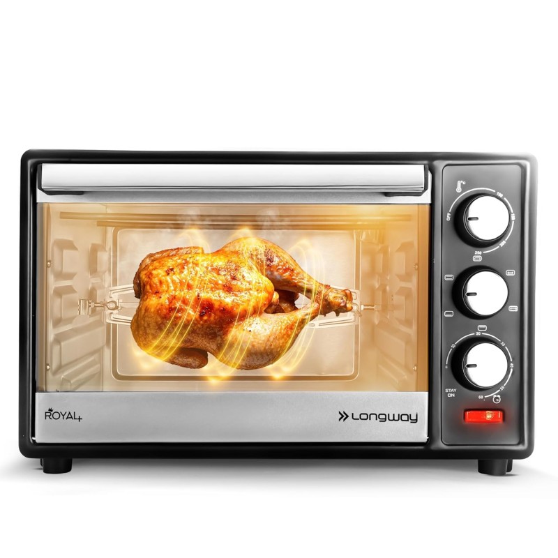 Longway Royal Plus OTG 28L Oven Toaster Griller with Illuminated Chamber, 360 °Motorized Rotisserie with Multiple Heating , (Silver)