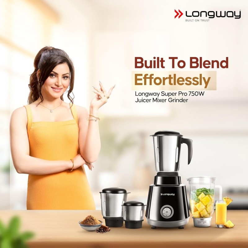 Longway Super Pro Juicer Mixer Grinder | Up to 750 Watt Powerful Motor | 4 Jars for Grinding, Mixing, Juicing Black & Gray