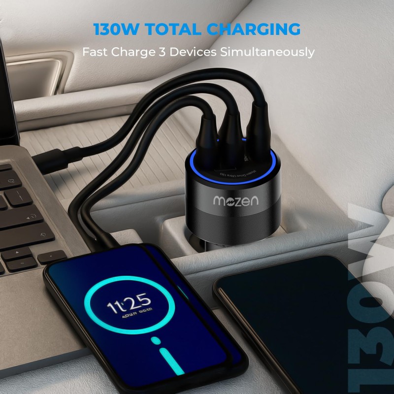 MOZEN by AMKETTE Drive Ultra 3 in 1 130W Car Charger/car Laptop Charger Fast Charging Type C 100W + USB-A + C 30W, Metallic Build, Advanced PowerSplit