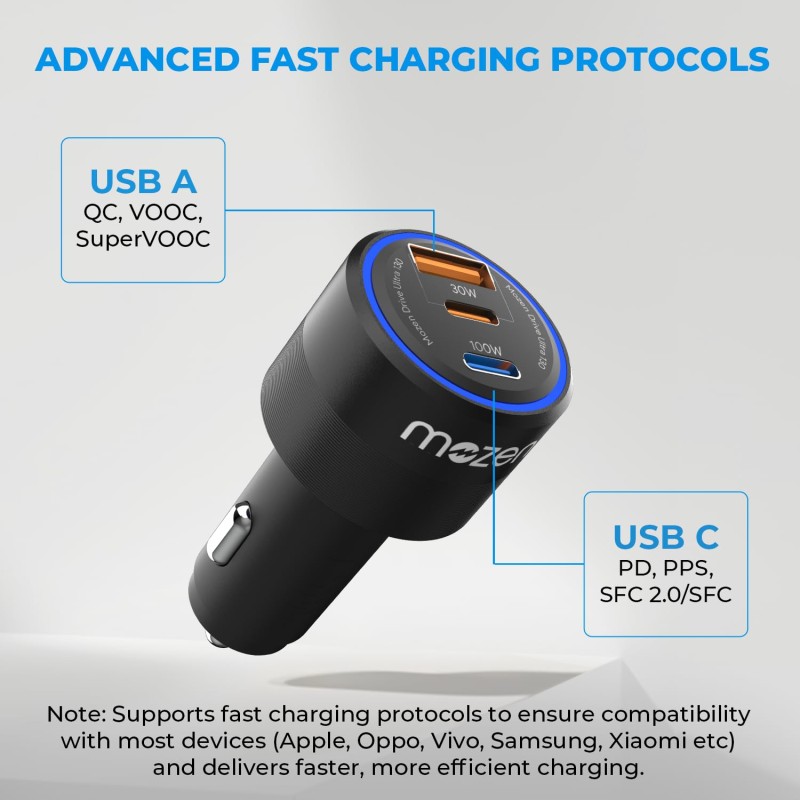 MOZEN by AMKETTE Drive Ultra 3 in 1 130W Car Charger/car Laptop Charger Fast Charging Type C 100W + USB-A + C 30W, Metallic Build, Advanced PowerSplit