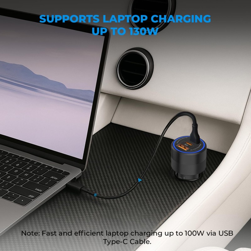 MOZEN by AMKETTE Drive Ultra 3 in 1 130W Car Charger/car Laptop Charger Fast Charging Type C 100W + USB-A + C 30W, Metallic Build, Advanced PowerSplit