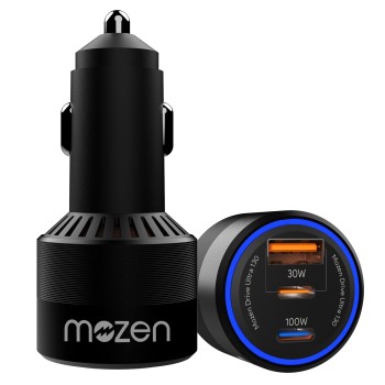 MOZEN by AMKETTE Drive Ultra 3 in 1 130W Car Charger/car Laptop Charger Fast Charging Type C 100W + USB-A + C 30W, Metallic Build, Advanced PowerSplit