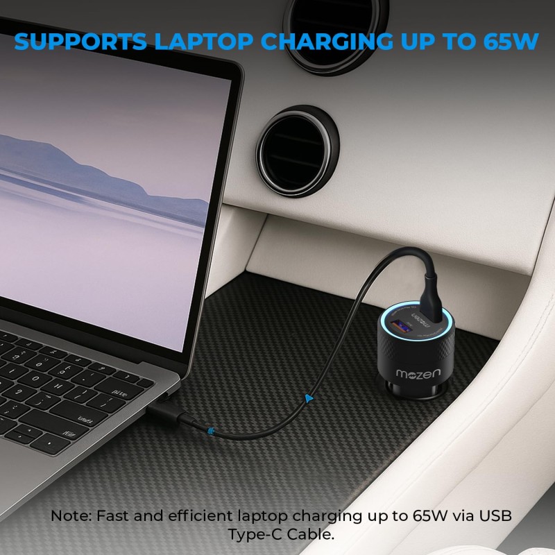 MOZEN by Amkette Drive Max 101W Car Charger Type C 65W + USB-A 36W Dual Port Fast Car Charger, ABS Build with Metallic Shell with Voltsafe and