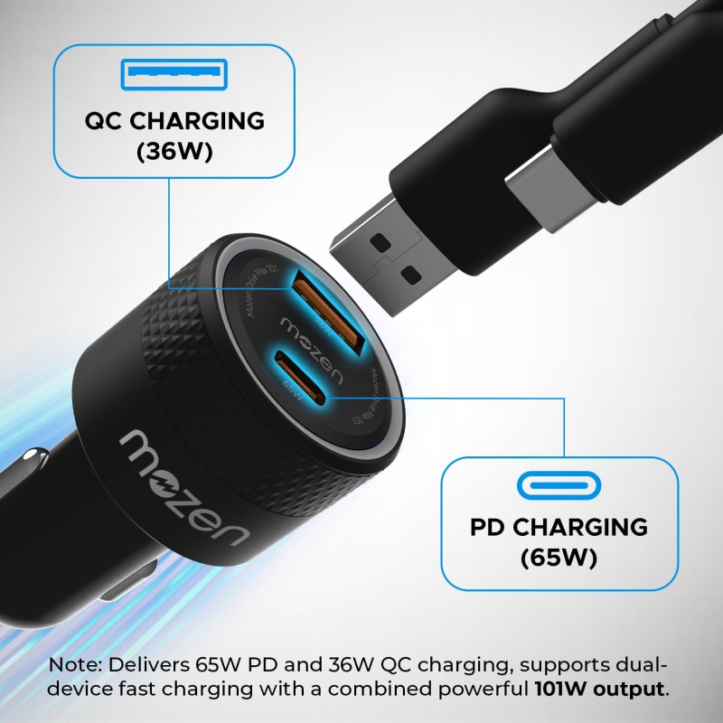 MOZEN by Amkette Drive Max 101W Car Charger Type C 65W + USB-A 36W Dual Port Fast Car Charger, ABS Build with Metallic Shell with Voltsafe and