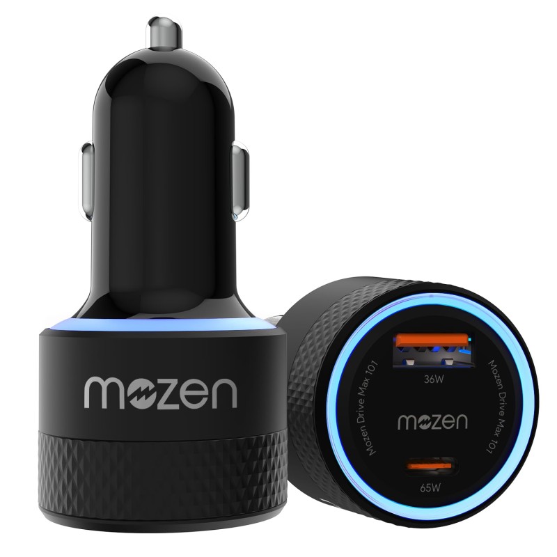 MOZEN by Amkette Drive Max 101W Car Charger Type C 65W + USB-A 36W Dual Port Fast Car Charger, ABS Build with Metallic Shell with Voltsafe and