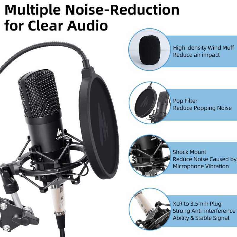 Maono AU-A03 Condenser Microphone Kit Podcast Mic with Boom Arm Microphone Stand (Black)
