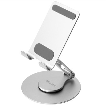 MegaStro® Aluminum 360 Rotatable Phone/Tablet Stand (Under 10inch) Hands-Free Viewing (Metallic Silver)